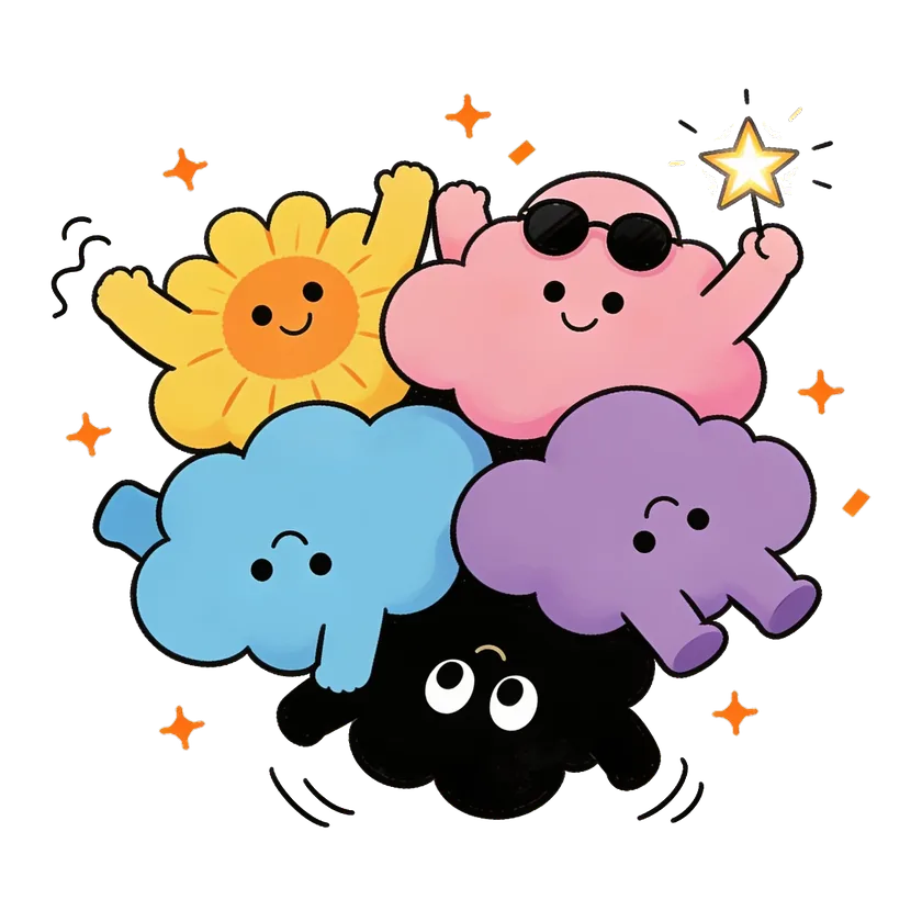 The Link Up crew: five cheerful cloud characters piled together.